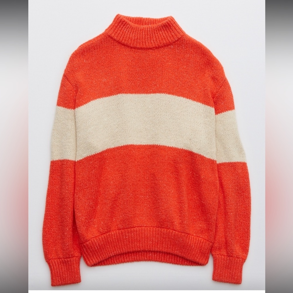 AERIE OH-SNOW-SOFT MOCK NECK SWEATER Cozy Orange and Cream Sweater WOMENS XL